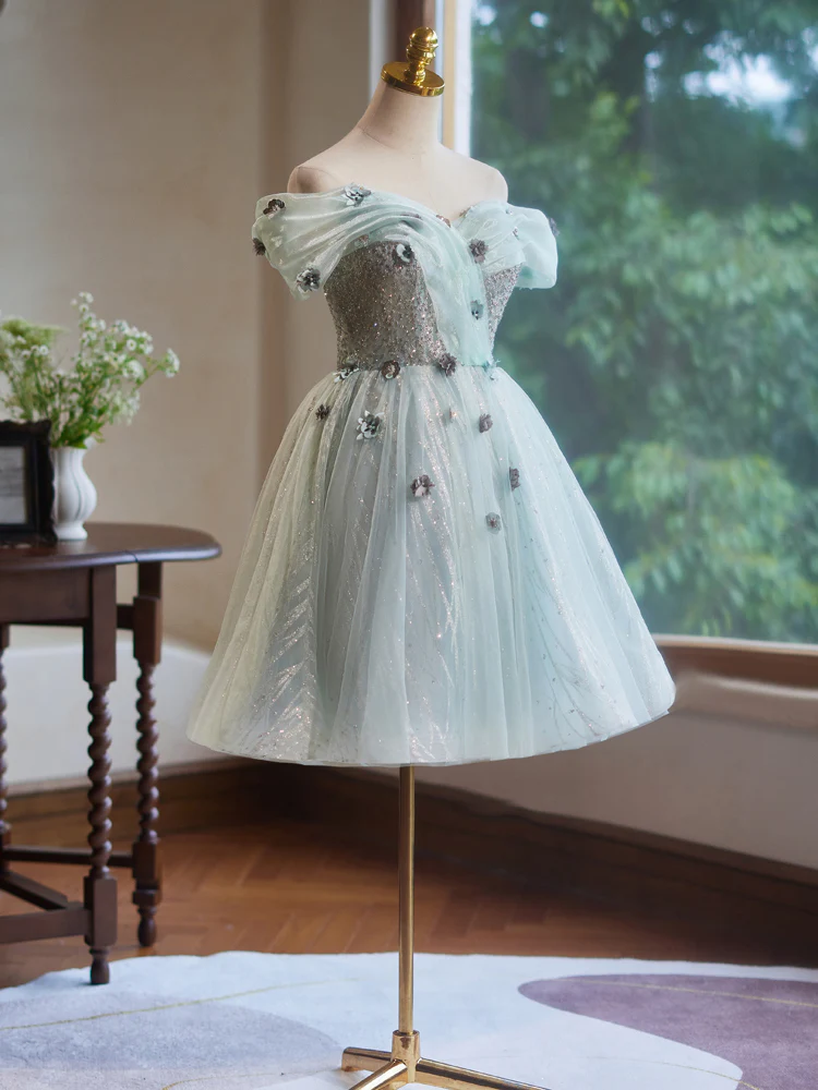 A-Line Off Shoulder Tulle Short Prom Dress, Green Homecoming Dress MD7232