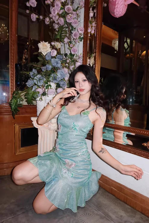 Fashion Mint Green Sparkling Sequin Spaghetti Strap Ruffled Hem Short 16th Birthday Party Dress Homecoming Dress D1529