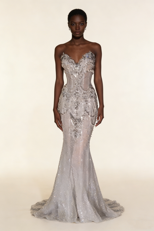 Superbe robe de mariée sirène longue à perles et décolleté en cœur, D778