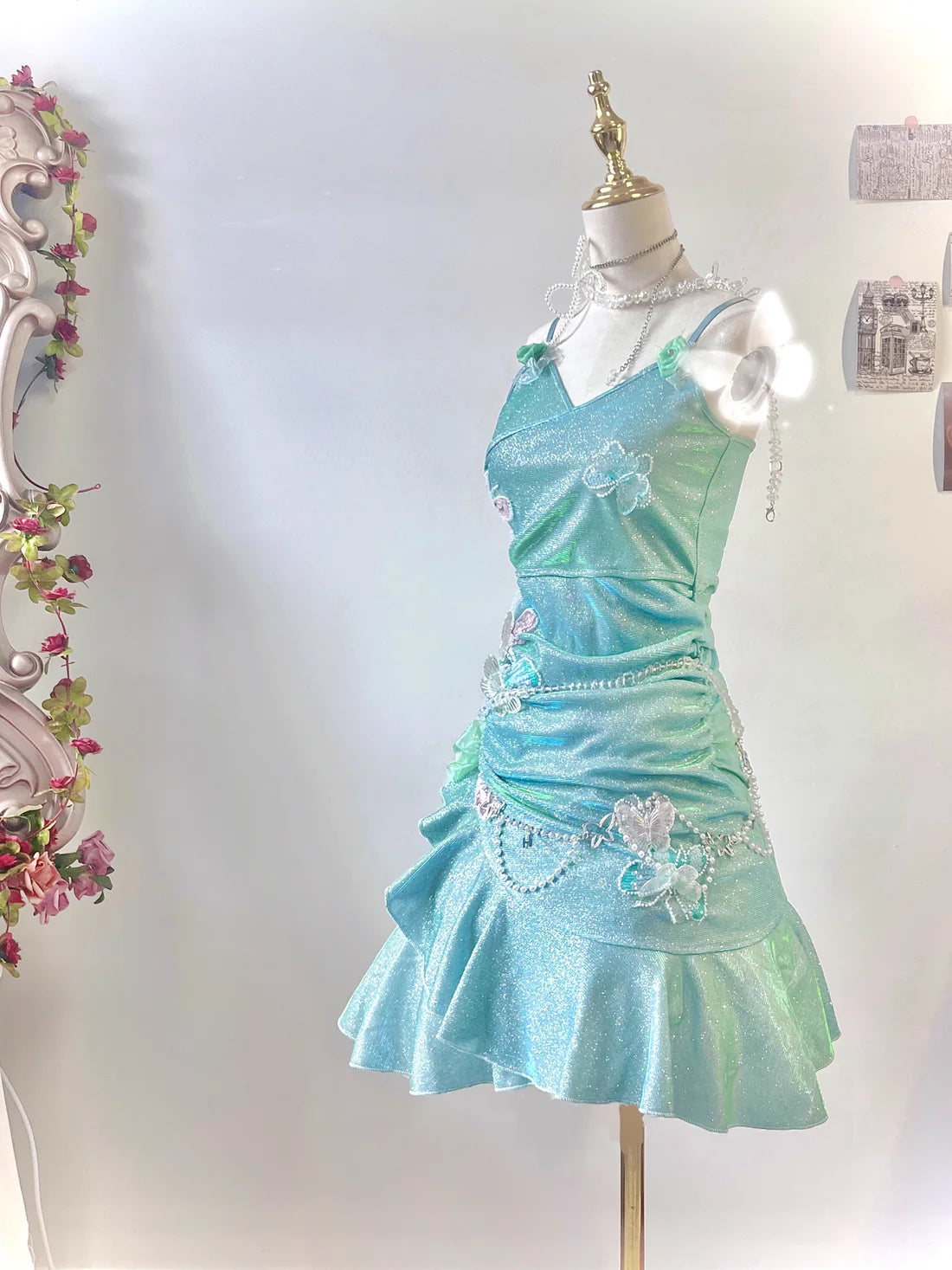 Fashion Mint Green Sparkling Sequin Spaghetti Strap Ruffled Hem Short 16th Birthday Party Dress Homecoming Dress D1529