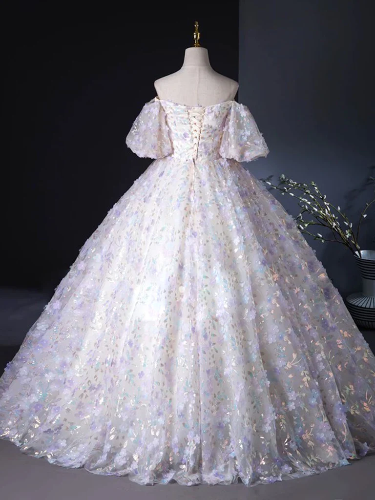 A-Line Puff Sleeves Sweetheart Neck Tulle Lace Light Purple Long Prom Dress MD7229