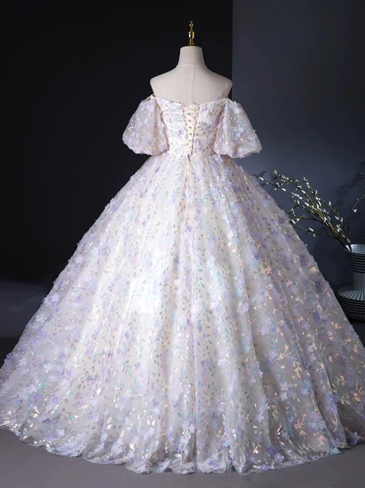 Robe de bal longue en tulle et dentelle violet clair, coupe trapèze, manches bouffantes, décolleté en cœur, MD7229