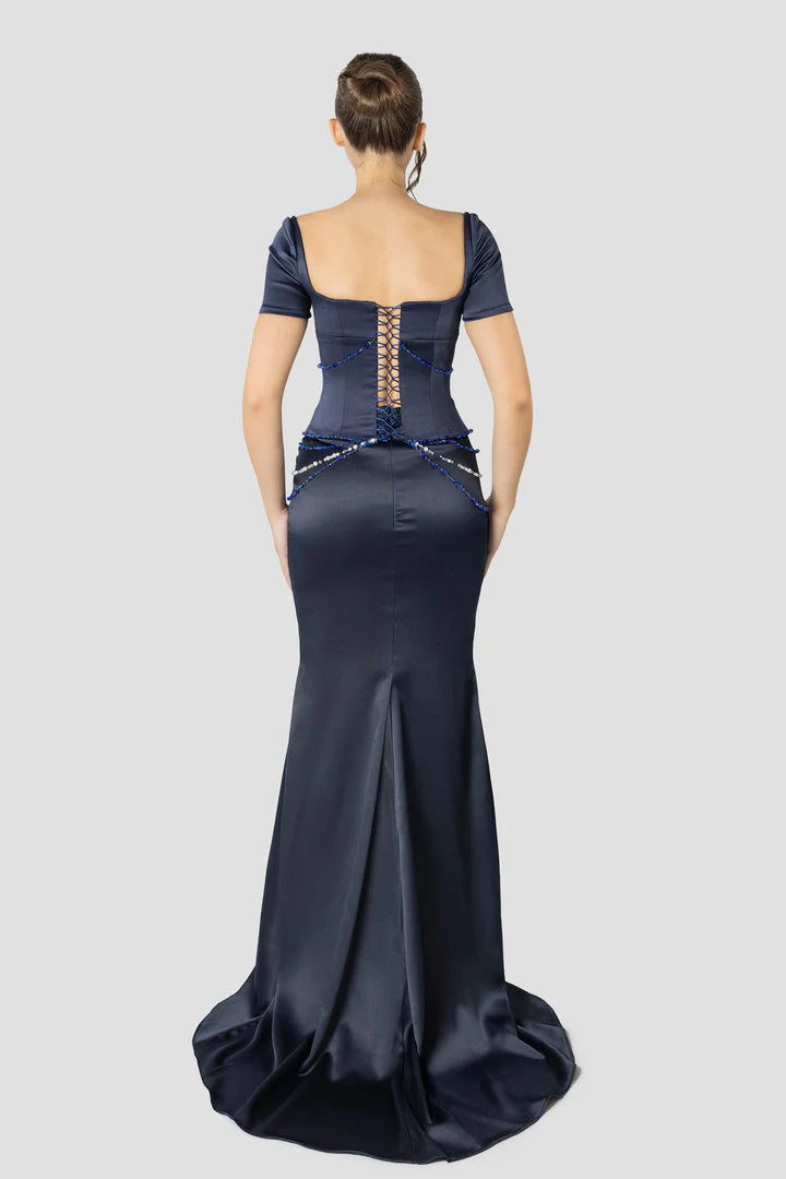 Vintage Dark Blue Mermaid Design Valentine Couture Satin Short-sleeved Prom Dress Evening Dress D1700