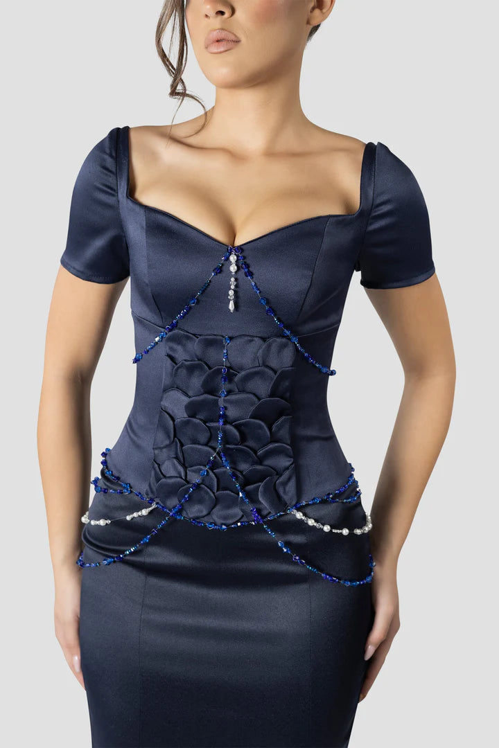 Vintage Dark Blue Mermaid Design Valentine Couture Satin Short-sleeved Prom Dress Evening Dress D1700
