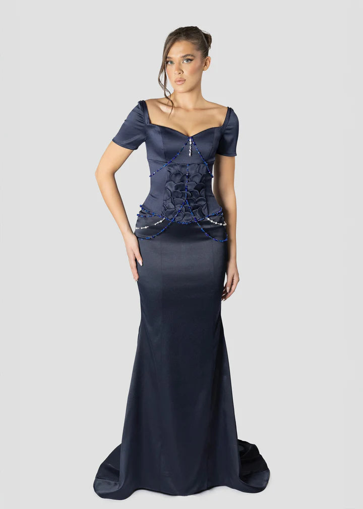 Vintage Dark Blue Mermaid Design Valentine Couture Satin Short-sleeved Prom Dress Evening Dress D1700