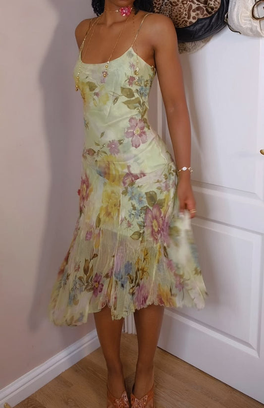 Gorgeous Soft Green Sheath Dress Spaghetti Strap Floral Print Chiffon Dress Party Prom Dress L100