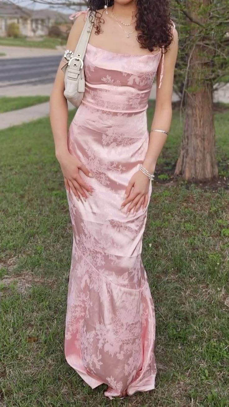 Simple Pink Sheath Dress Spaghetti Strap Floral Print Satin Dress Prom Evening Dress L102