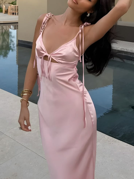 Elegant Pink Sheath Spaghetti Strap Ruched Cutout Satin Dress Prom Evening Dress L103