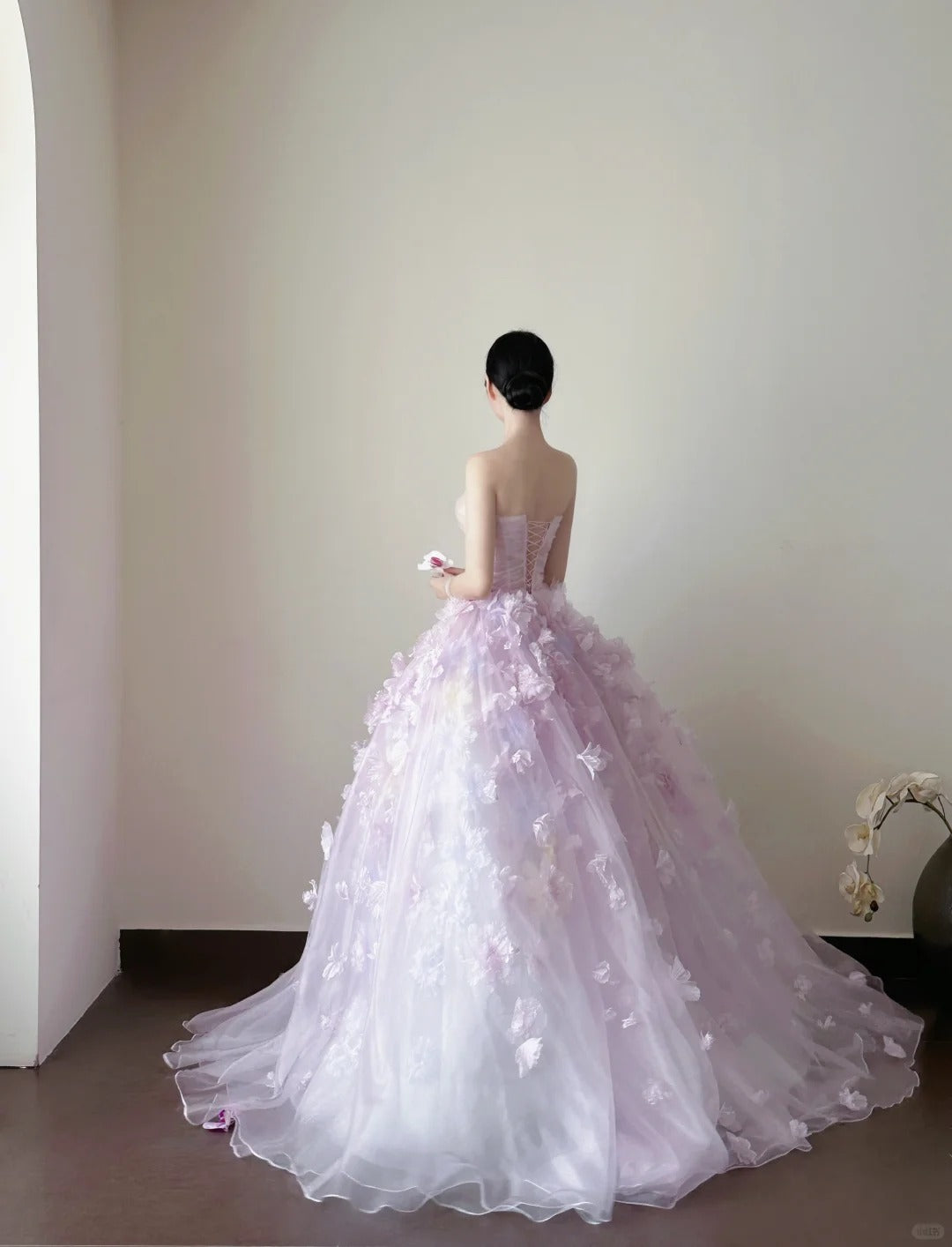 Fairy Pink Tulle Wedding Dress Ball Gown Floral Appliques Garden Wedding Dress L107