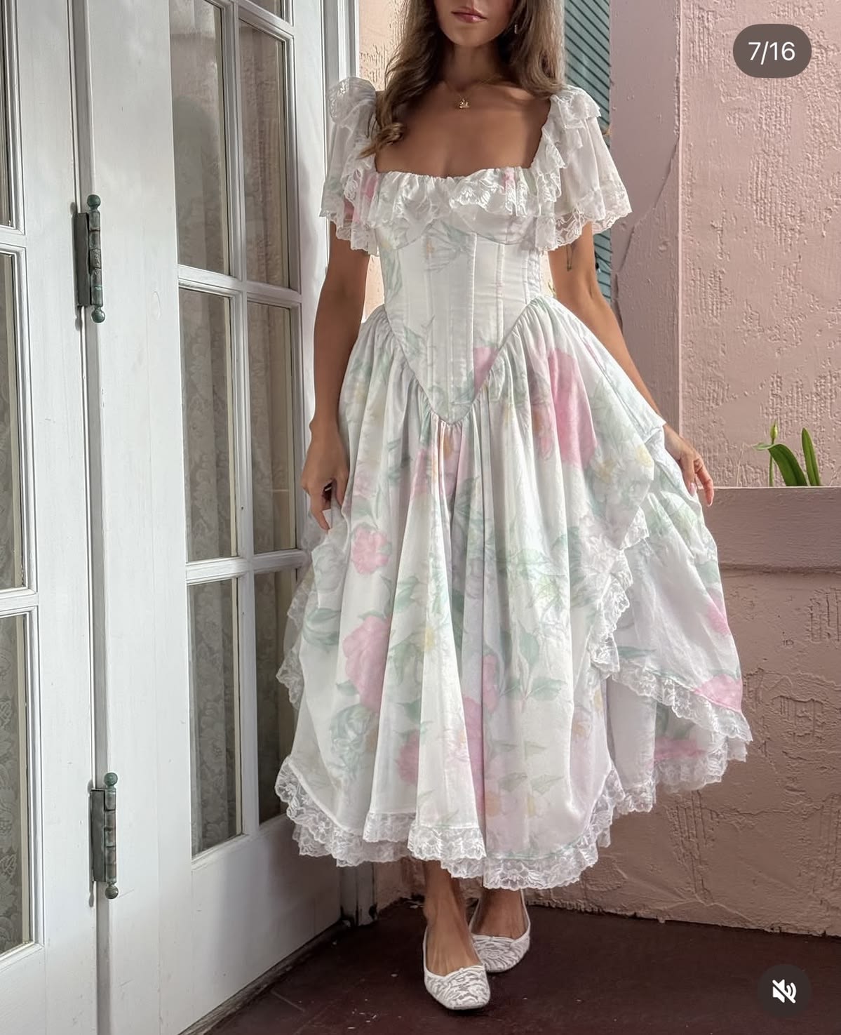 Princess White Ball Gown Square Floral Print Lace Ruffled Chiffon Quinceanera Dress 16 L114