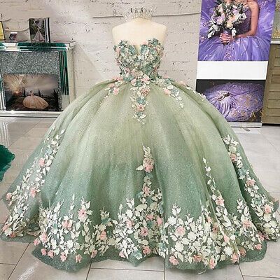 Dreamy Green Ball Gown Sweetheart Floral Appliques Tulle Dress Quinceanera Dress 16 L118