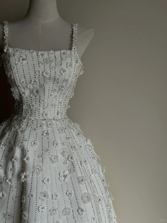 Pretty White A-Line Spaghetti Strap Rhinestone Floral Appliques Embroidery Fabric Dress Prom Evening Dress L125