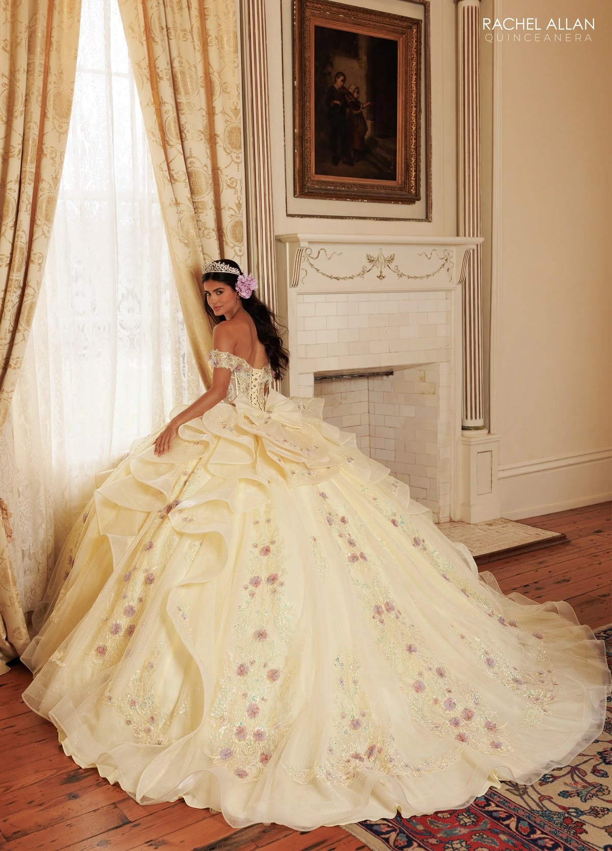 Pretty Cream Ball Gown Off-The-Shoulder Lace Floral Appliques Beaded Tulle Dress Quinceanera Dress 16 L128