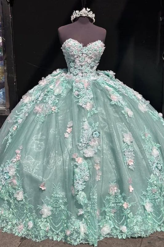 Princess Mint Green Ball Gown Sweetheart Lace Floral Appliques Bow Tulle Quinceanera Dress 16 L131