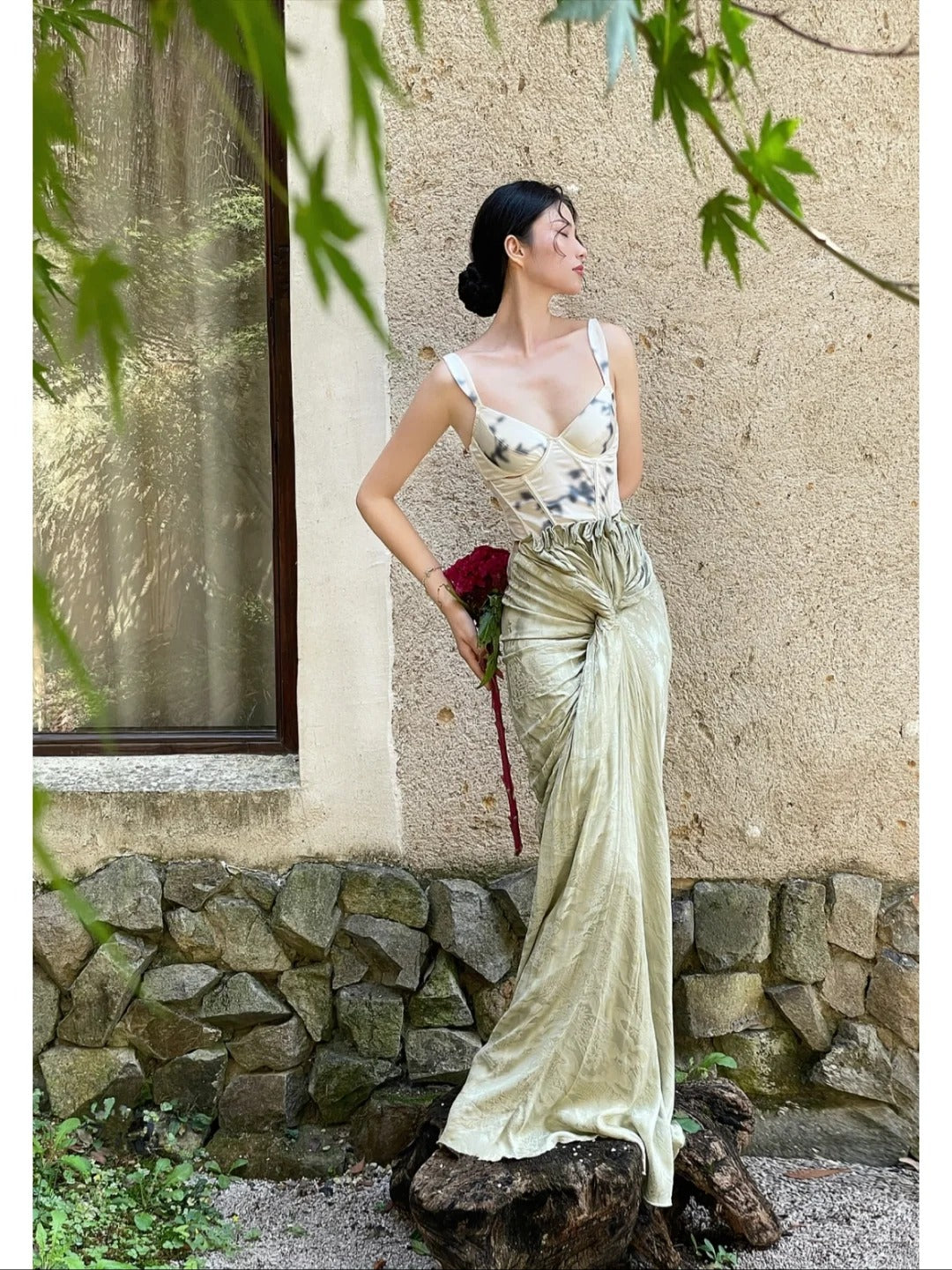 Elegant Ivory And Green Mermiad Dress Spaghetti Strap Twisted Draped Satin Dress Prom Evening Dress L146