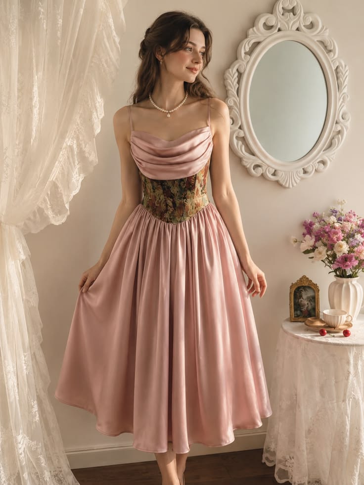 Pretty Pink A-Line Dress Spaghetti Strap Floral Print Satin Dress Prom Dress L15