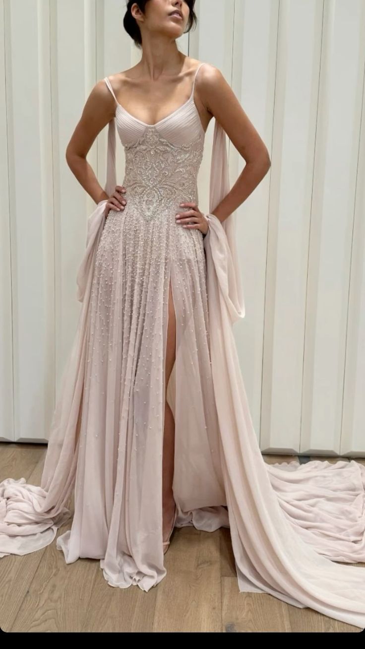 Feminine Pink A-Line Spaghetti Strap Lace Appliques Beaded A Side Slit Chiffon Dress Prom Dress L161