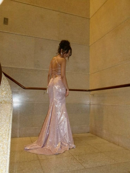 Sparkling Light Pink Mermaid Dress Spaghetti Strap Sequins Satin Dress Prom Eveninhg Dress L183