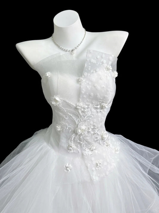 Pretty White A-Line Strapless Embroidery Appliques Beaded Tulle Dress Prom Evening Dress L190