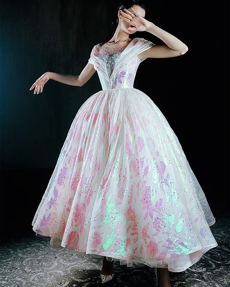 Dreamy Pink Ball Gown Round Beaded Floral Print Tulle Dress Quinceanera Dress 16 L192