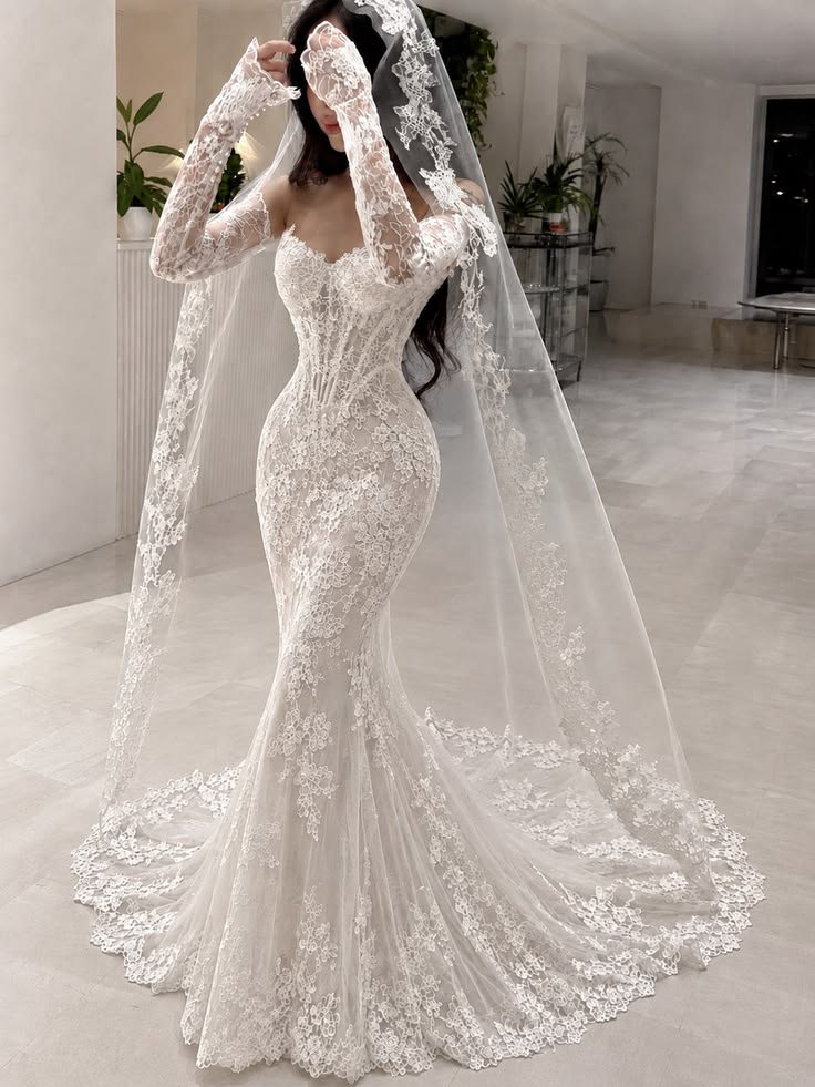 Elegant White Tulle Wedding Dress Sweetheart Mermaid Lace Floral Print Garden Wedding Dress L19