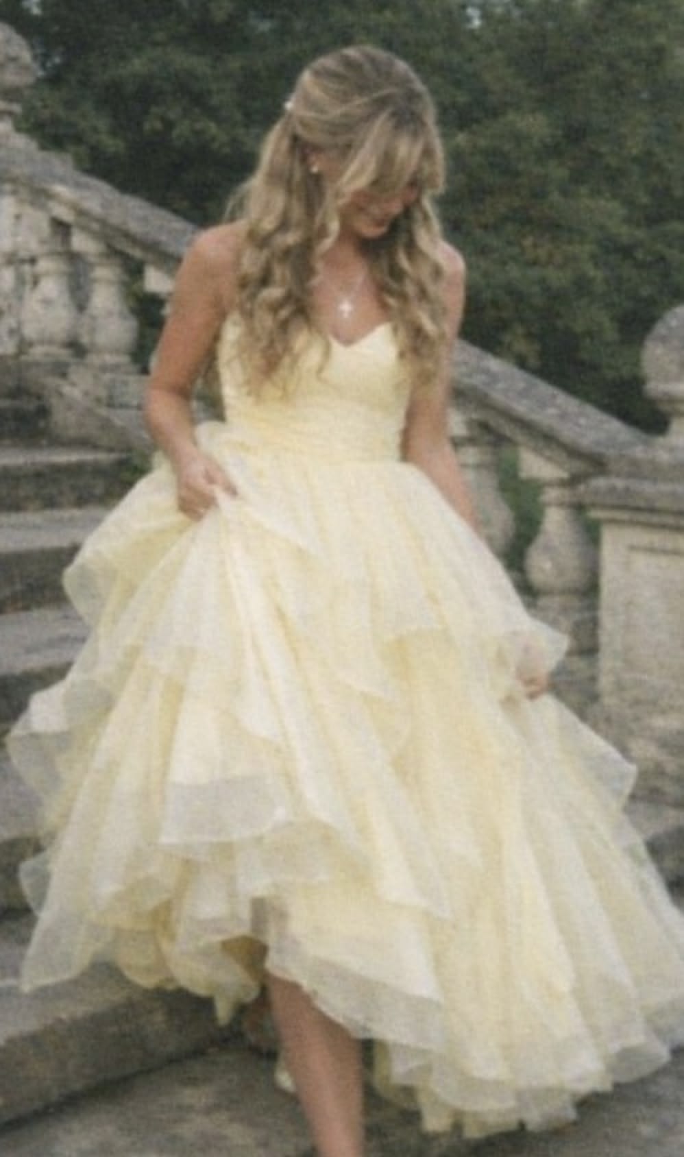 Elegant Pastel Yellow Ball Gown Sweetheart Tiered Ruffled Tulle Dress Prom Evening Dress L200