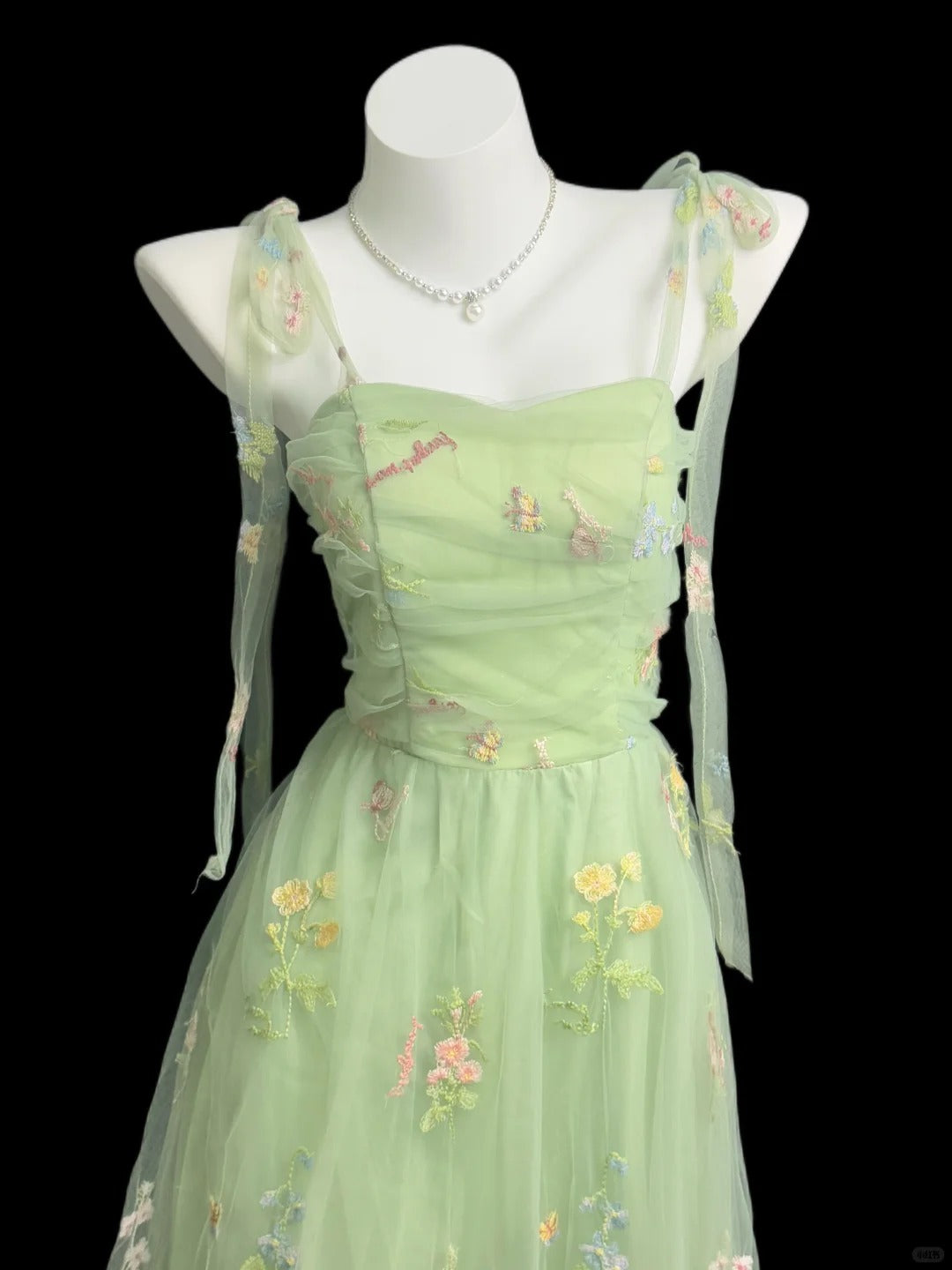 Fairy Green A-Line Spaghetti Strap Floral Appliques Tulle Dress Prom Evening Dress L201