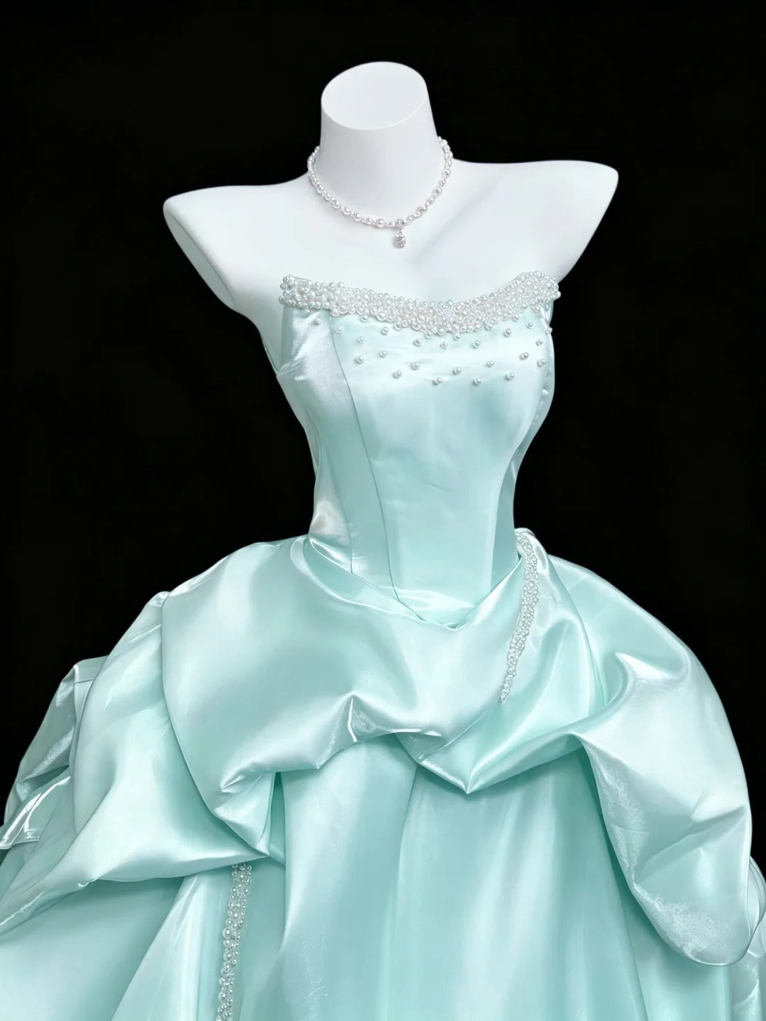 Elegant Mint Green Ball Gown Strapless Pearl Waterfall Draped Satin Prom Quinceanera Dress 16 L205