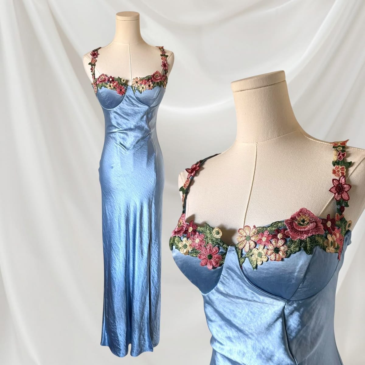 Pretty Light Blue Sheath Spaghetti Strap Embroidery Satin Dress Prom Evening Dress L223