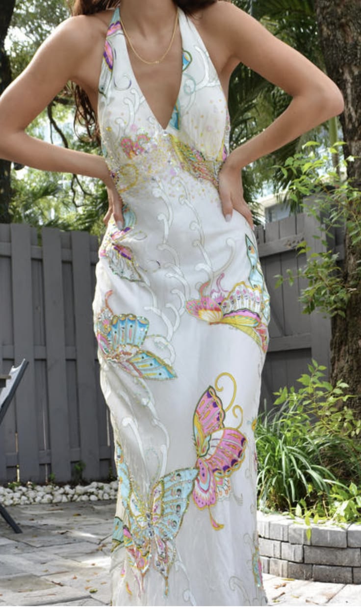 Pretty White Sheath Halter Butterfly Print Rhinestone Chiffon Dress Prom Evening Dress L224