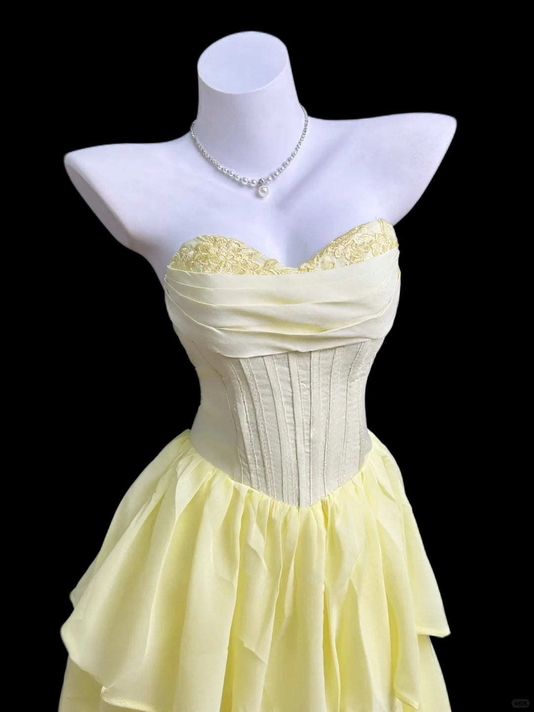 Chic Yellow A-Line Sweetheart Lace Embroidery Corset Ruffled Chiffon Dress Prom Evening Dress L227