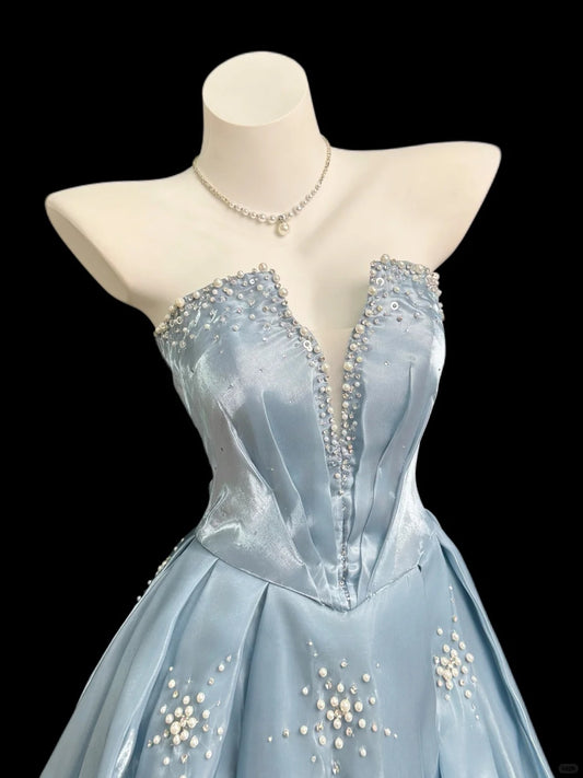 Elegant Light Blue Ball Gown V-Neck Pearl Rhinestone Satin Dress Prom Quinceanera Dress 16 L229