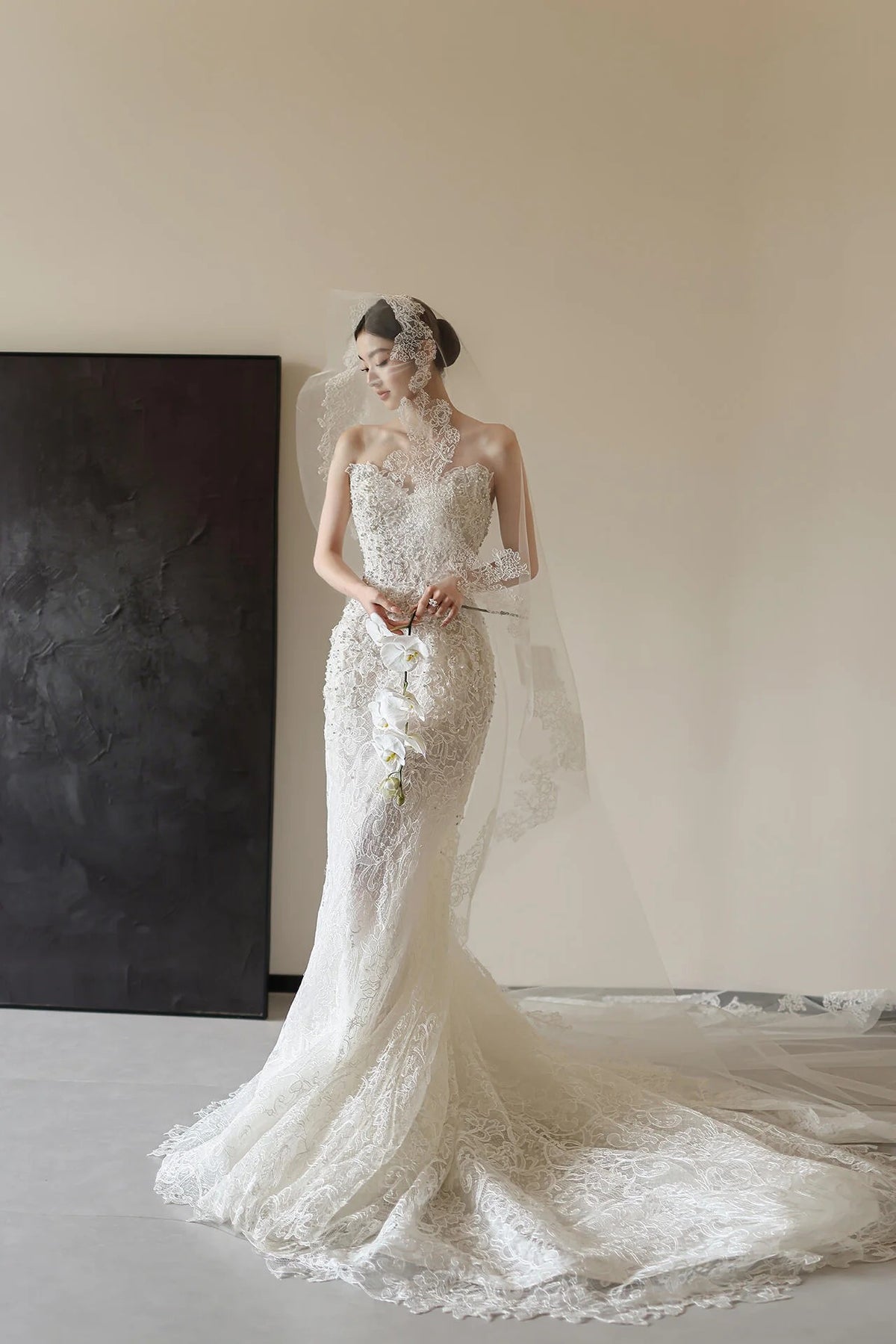 Pretty Ivory Tulle Wedding Dress Sweetheart Mermaid Lace Beaded Ballroom Wedding Dress L234