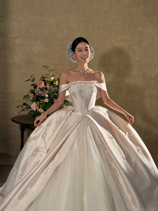 Classy Ivory Satin Wedding Dress Off-The-Shoulder Ball Gown Appliques Pearl Church Wedding Dress L237