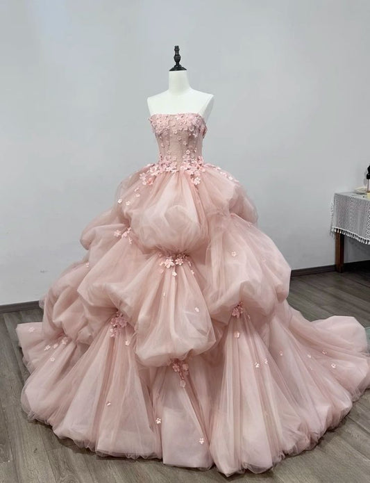 Dreamy Pink Ball Gown Strapless Floral Appliques Tulle Dress Quinceanera Dress 16 L249