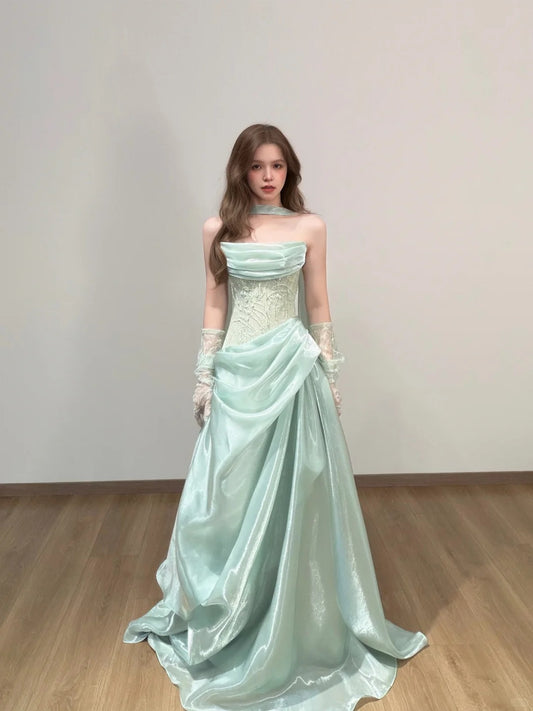 Classy Mint Green A-Line Strapless Appliques Organza Dress Prom Evening Dress L250