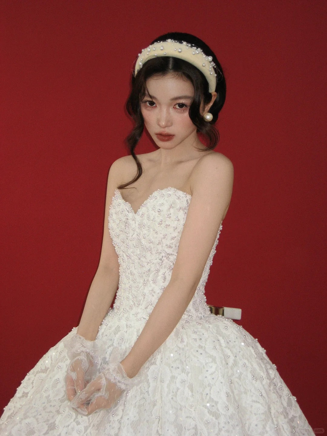 Elegant White Ball Gown Sweetheart Pearl Lace Tulle Dress Quinceanera Dress 16 L253