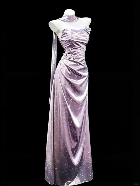 Classy Purple Mermaid Strapless Handmade Flowers Ruched Satin Dress Prom Evening Dress L255