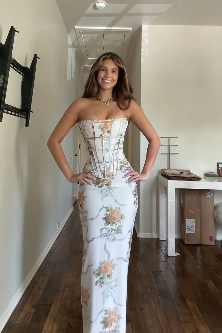 Pretty White Sheath Strapless Floral Print Corset Georgette Maxi Dress Prom Dress L26