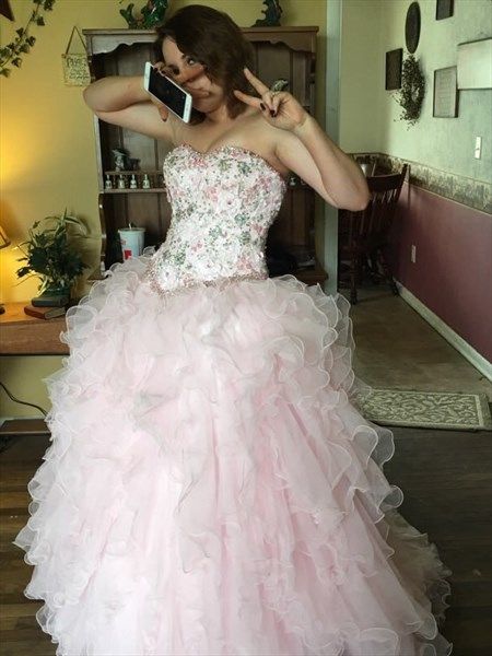 Sweeyt Light Pink Ball Gown Sweetheart Beaded Floral Print Tulle Dress Quinceanera Dress 16 L270
