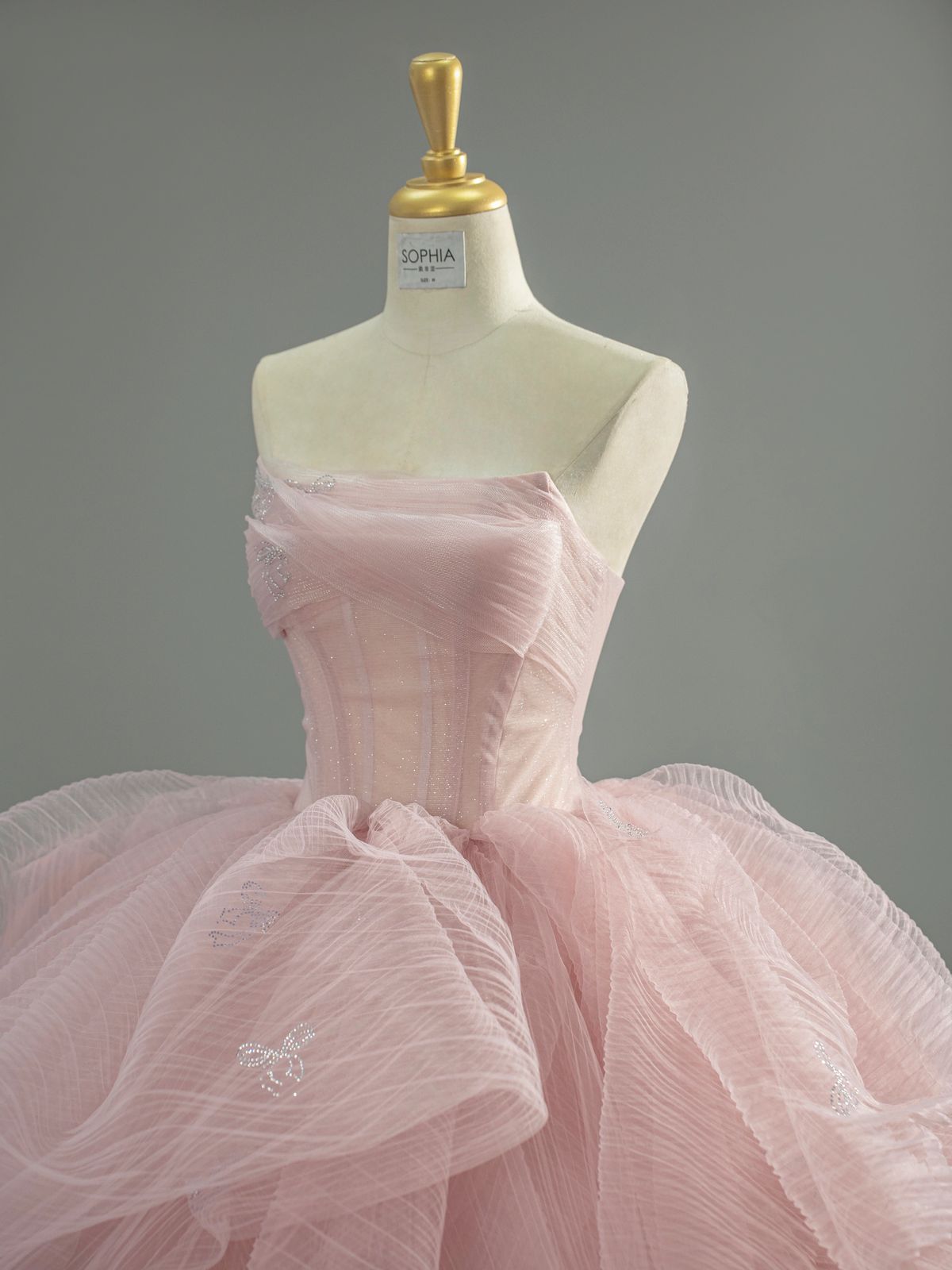 Dreamy Pink Ball Gown Strapless Ruffled Corset Tulle Dress Prom Quinceanera Dress 16 L274