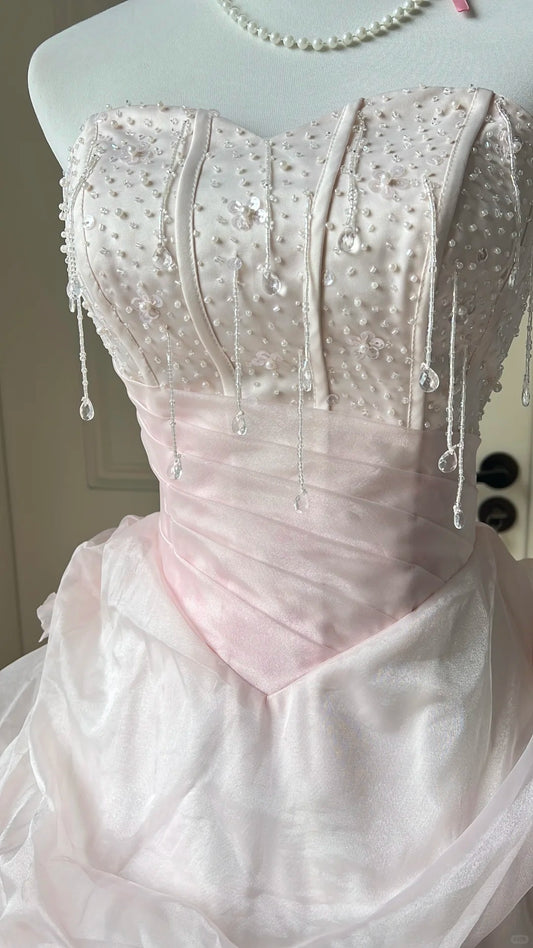 Fairy Pink Ball Gown Sweetheart Rhinestone Beaded Floral Tulle Dress Quinceanera Dress 16 L299