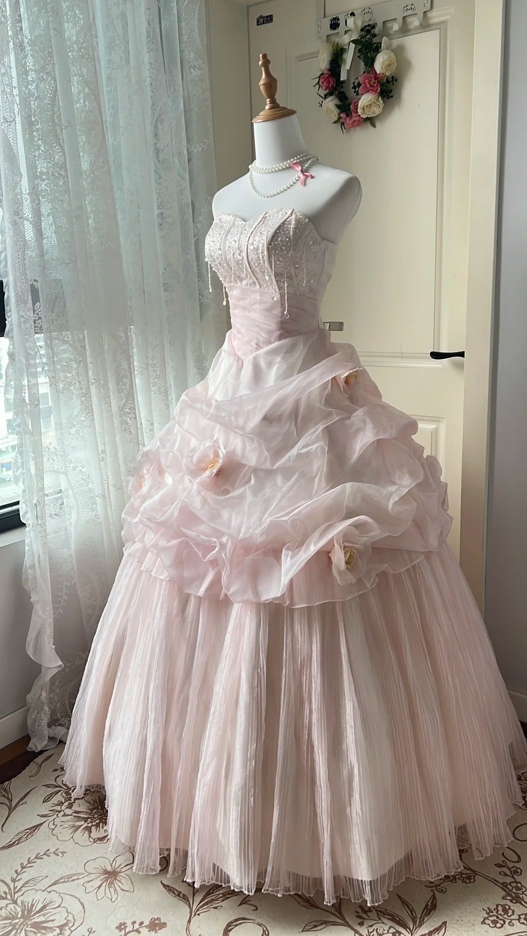Fairy Pink Ball Gown Sweetheart Rhinestone Beaded Floral Tulle Dress Quinceanera Dress 16 L299
