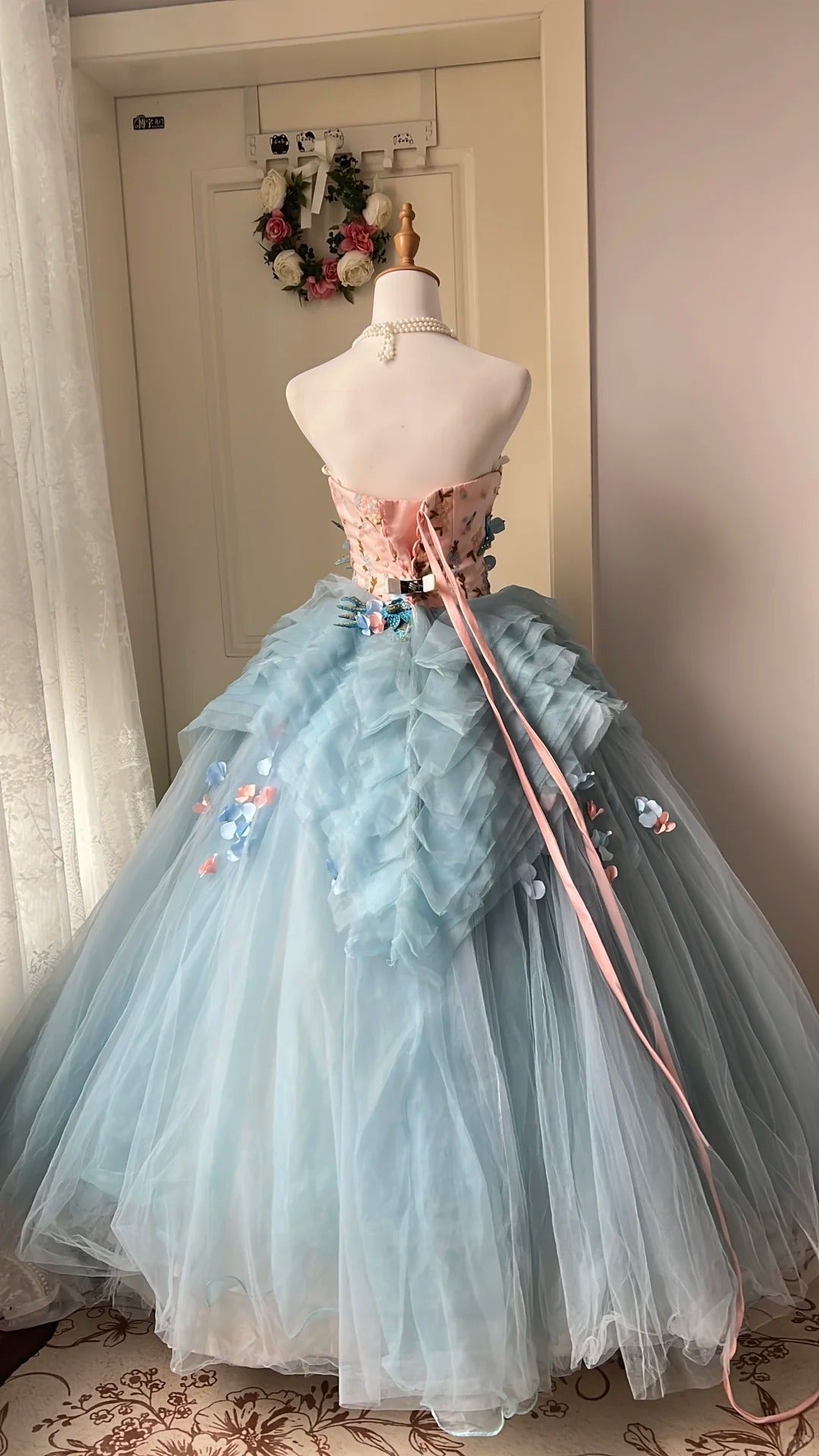 Pretty Blue Ball Gown Strapless Appliques Beaded Rhinestone Tulle Dress Quinceanera Dress 16 L301