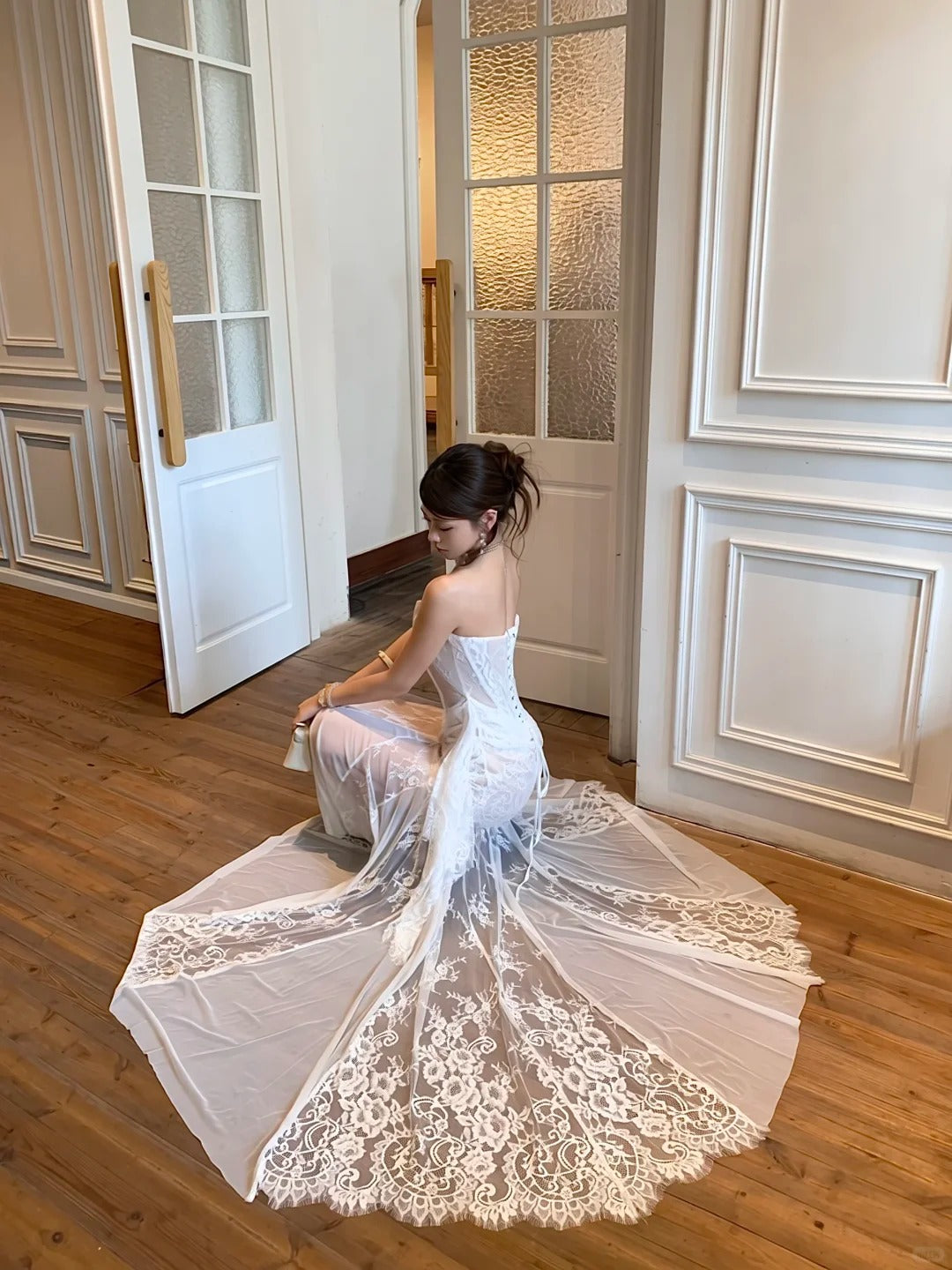 Chic White Sheath Strapless Floral Lace Corset Tulle Prom Dress Evening Dress L308