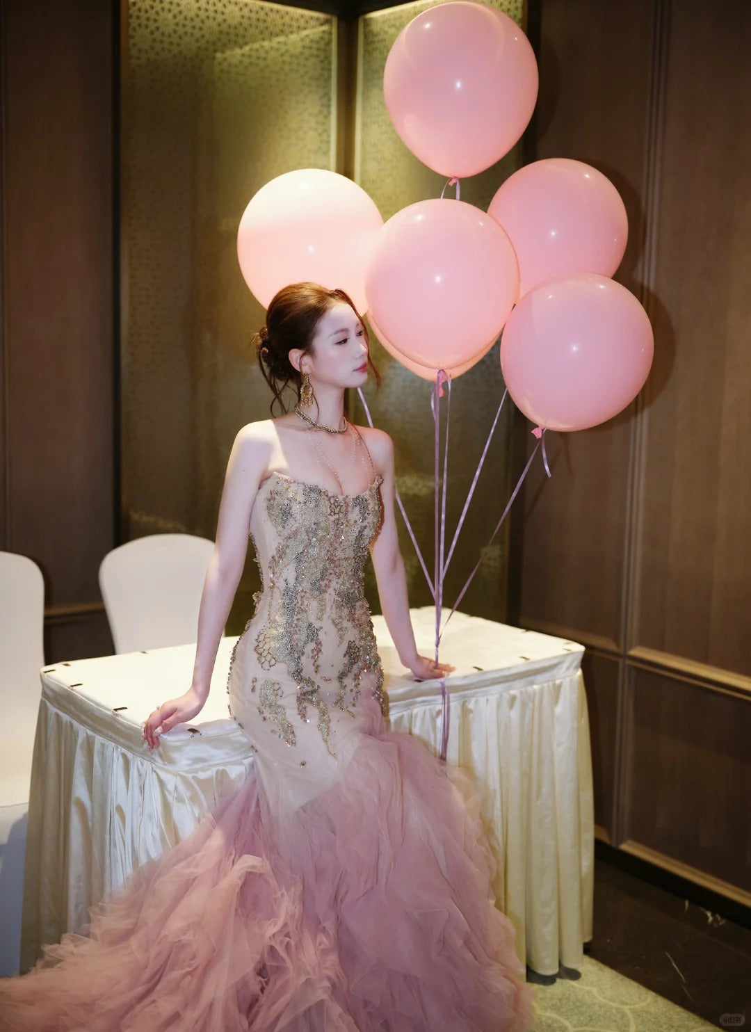 Gorgeous Pink Mermaid Sweetheart Appliques Rhinestone Tulle Dress Prom Dress Evening Dress L312
