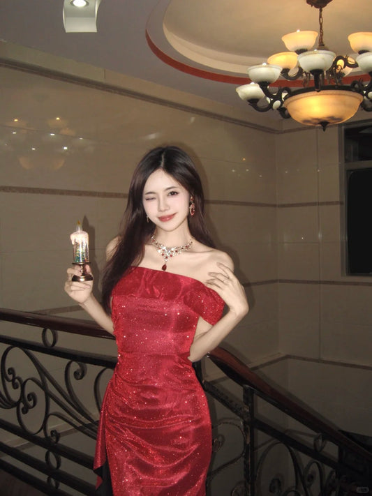 Sparkling Red Sheath Off-The-Shoulder Sequins Tulle Dress Prom Dress Evening Dress L320