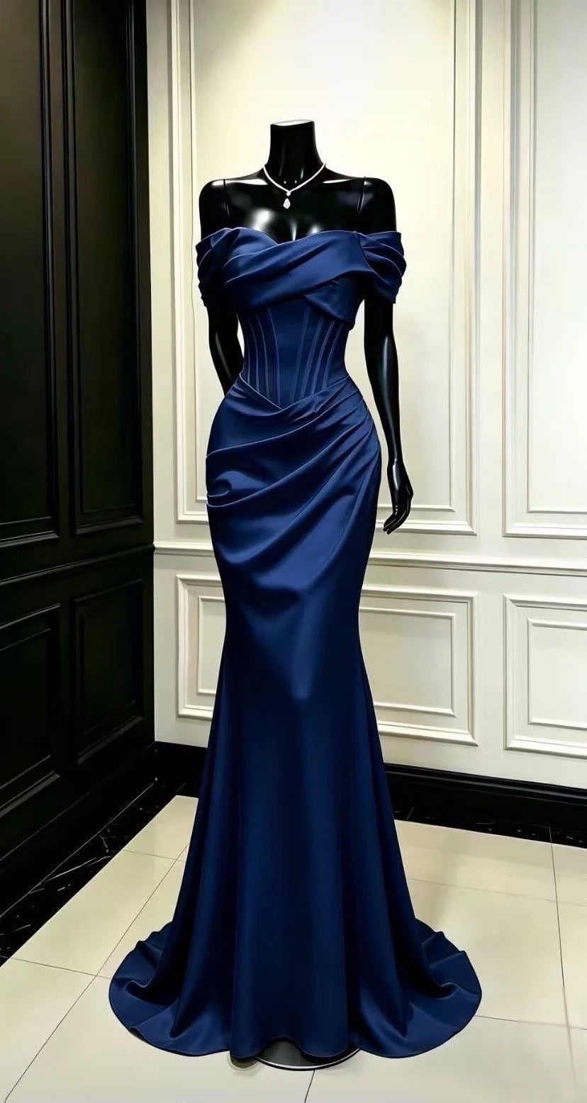 Classy Navy Mermaid Off-The-Shoulder Ruched Corset Satin Dress Prom Dress Evening Dress L323