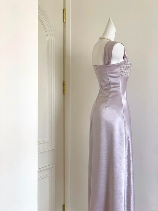 Classy Purple Sheath Square Beaded Sequins Satin Dress Prom Dress Evening Dress L328
