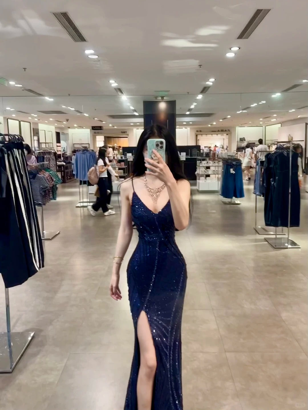 Pretty Navy Sheath Spaghetti Strap Rhinestone Sequins Tulle Dress Prom Dress Evening Dress L332